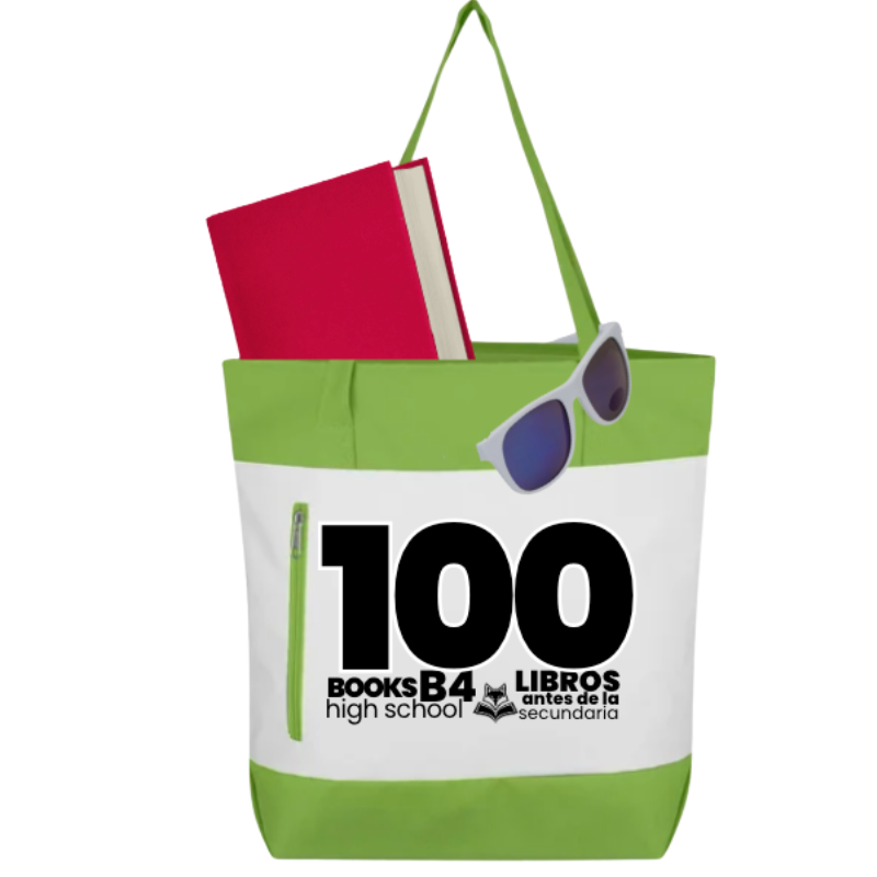 100 Books branded totebag with journal and sunglasses.