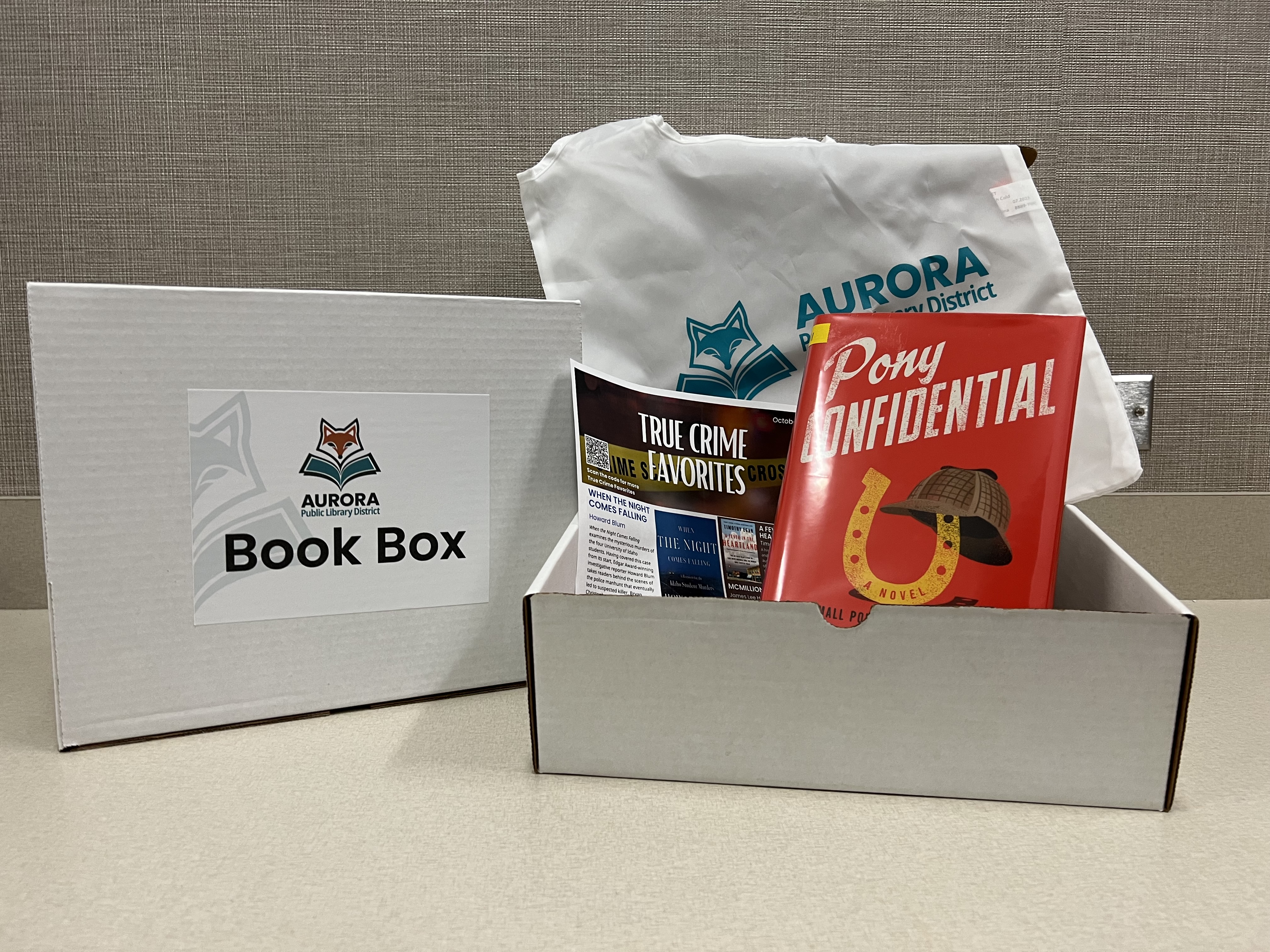 Cardboard Box labeled book box with library items and swag inside.