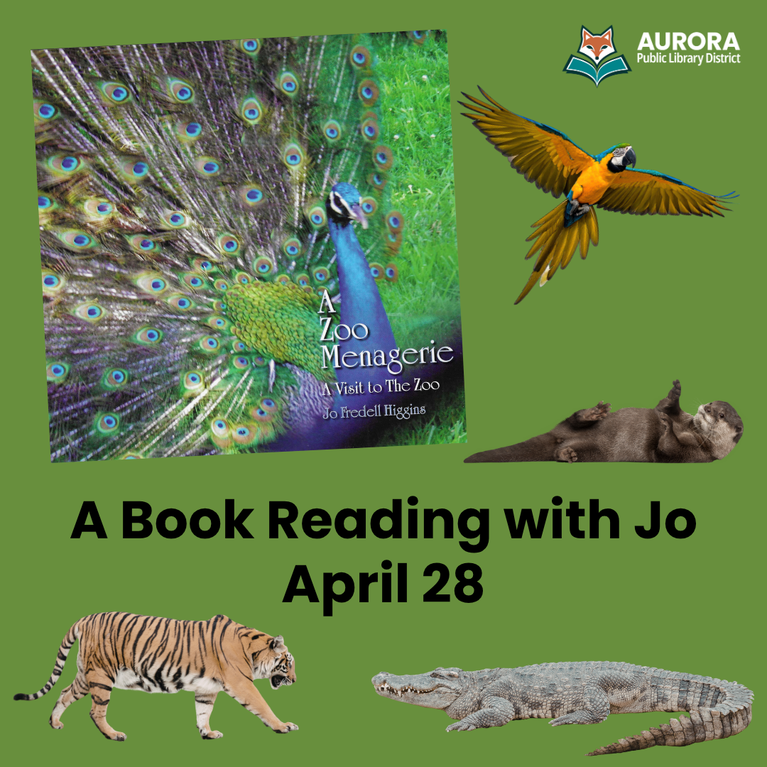 Peacock themed cover of Jo's book "A Zoo Menagerie" and various zoo animals.