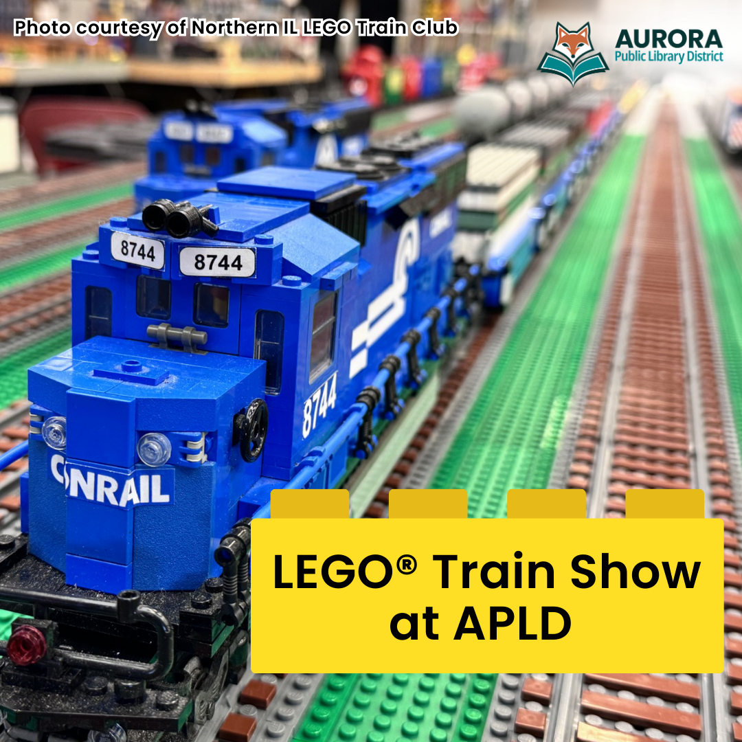 Close up of a LEGO train and track. Photo courtesy of Northern IL Lego Train Club.